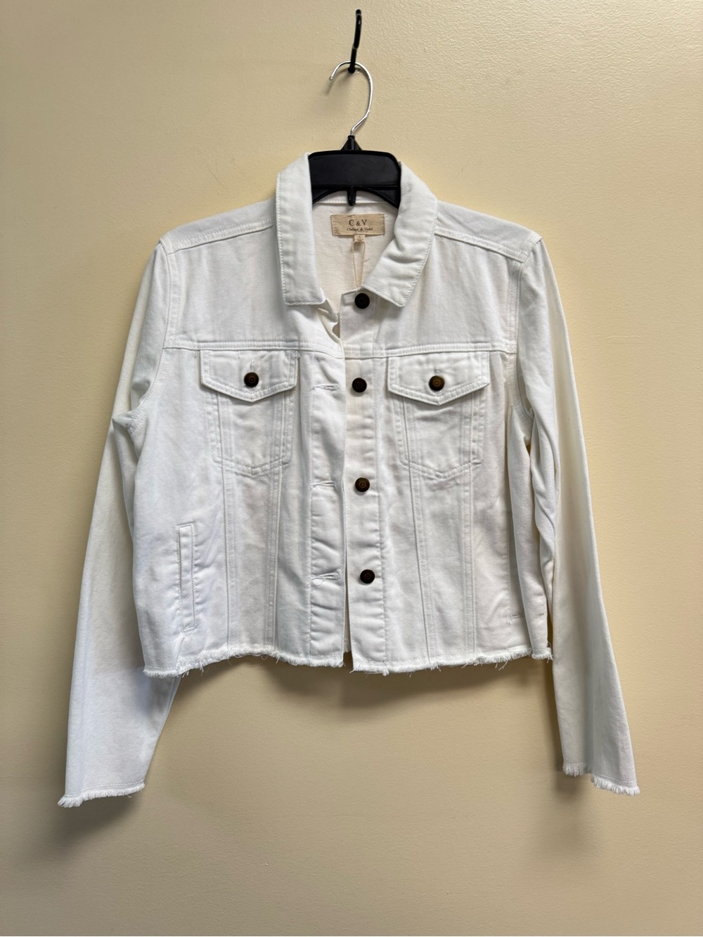 Chelsea & Violet White Cropped Denim Jacket with Frayed Hem